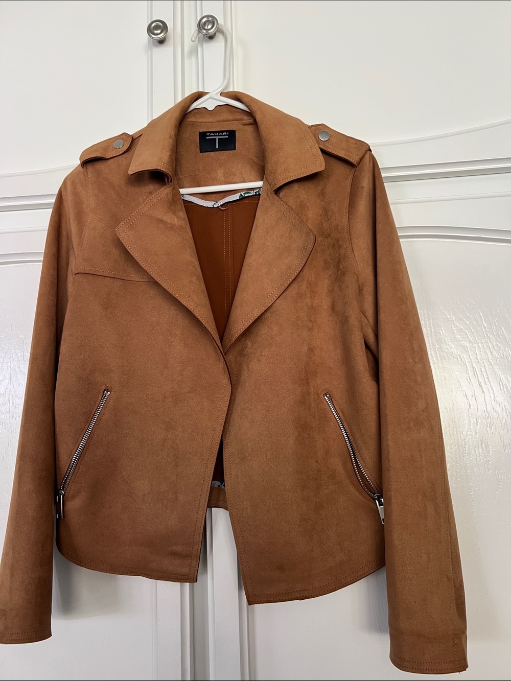 Tahari Chestnut Brown Faux Suede-Style Moto Jacket